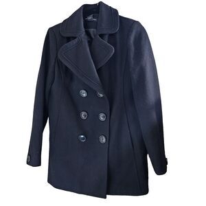 New York & Co Women Wool Blend Pea Coat Navy Blue Size 2 Jacket Double Breasted